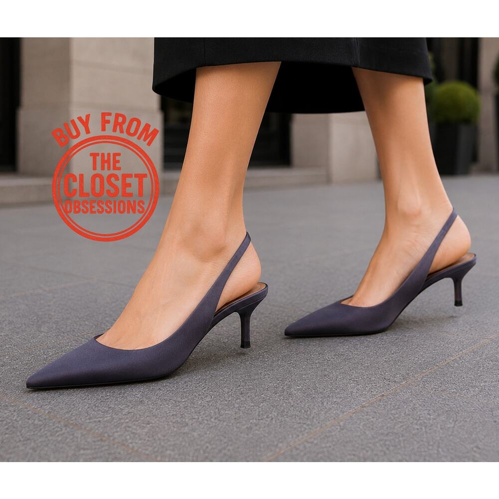 Zara Anthracite Grey Kitten Heel Slingback Pumps Pointed Toe Chic Size 7.5 NWT - Picture 4 of 16